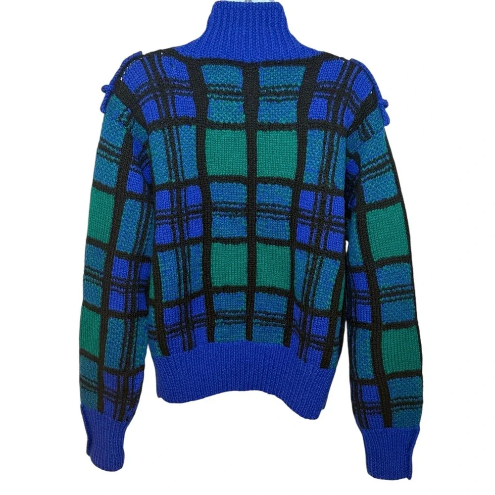 CARLISLE SPORT Plaid Wool Knit Sweater Jacket Blue Green Black Gold‎ Button M